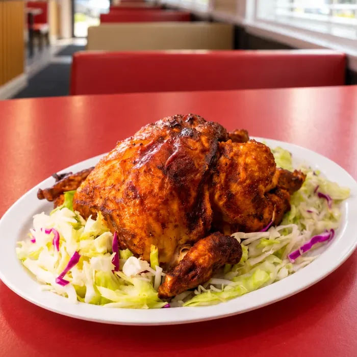 Whole roast chicken on a bed of fresh cabbage